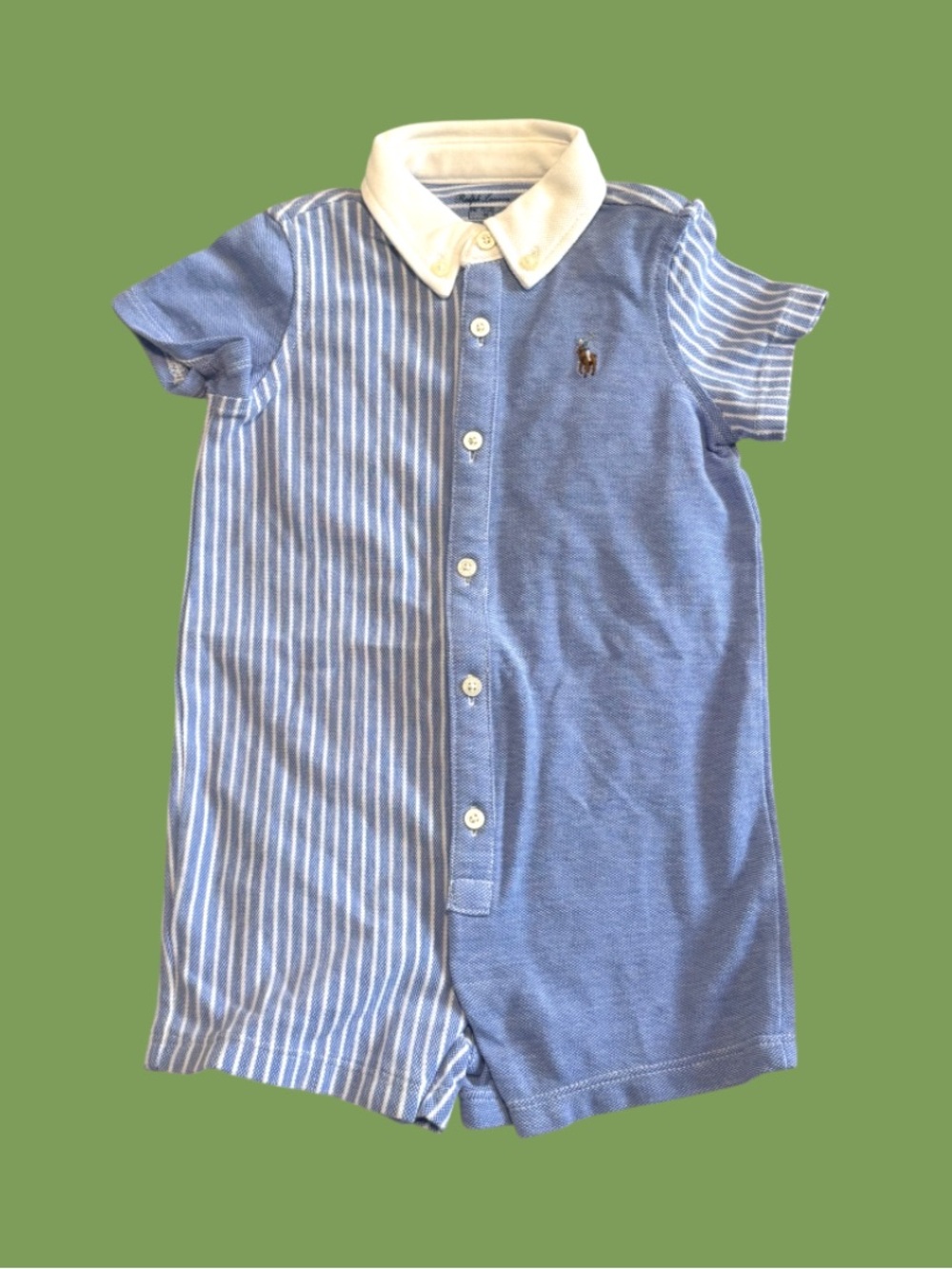Ralph Lauren Blue and White Polo Stripe Baby Romper
